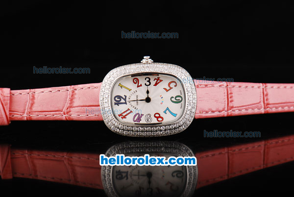 Franck Muller Galet Quartz Movement Silver Case with White Dial and Diamond Bezel-Pink Leather Strap - Click Image to Close